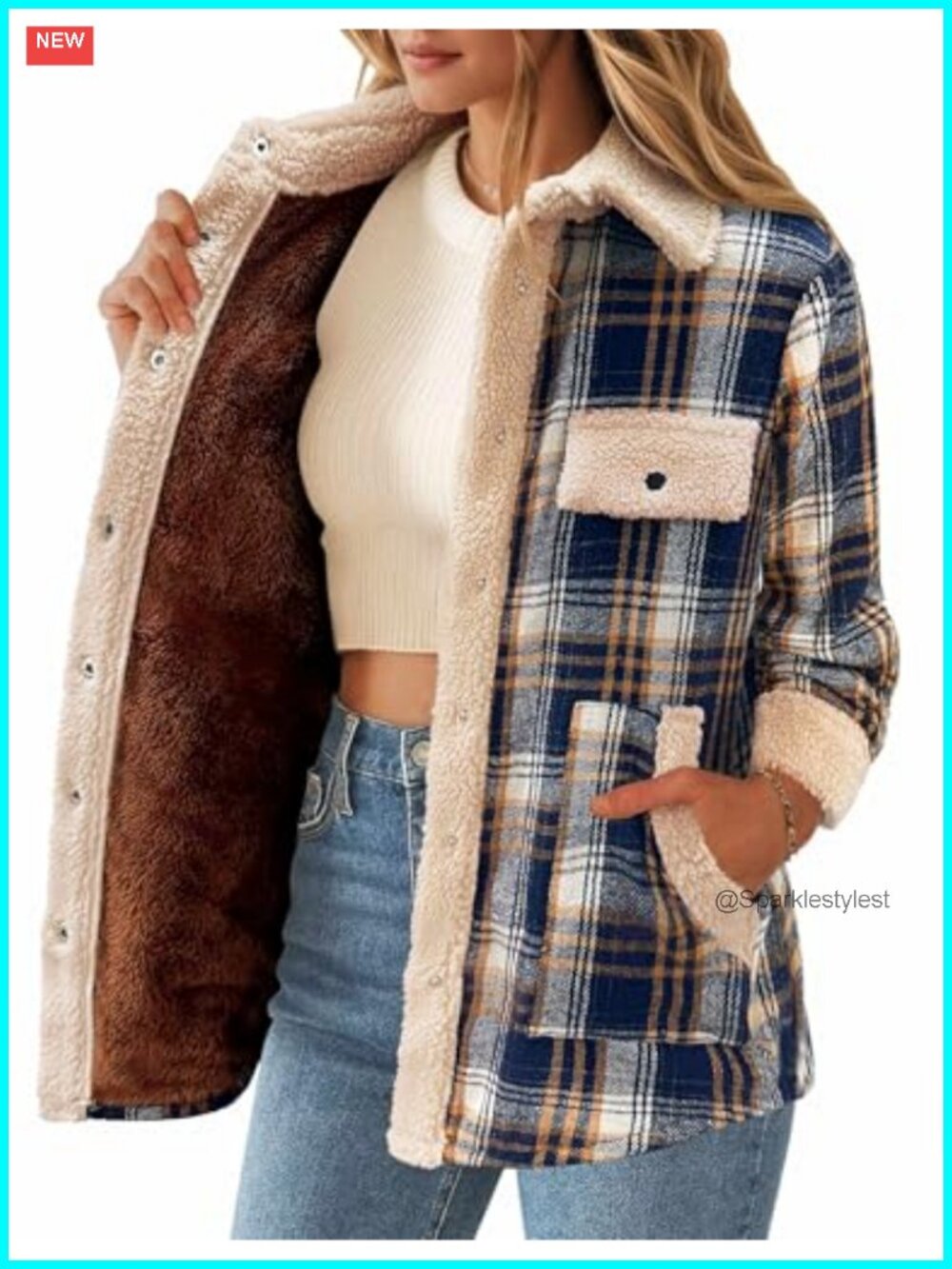Fleece Lined Plaid Flannel Shacket Snap Button Sherpa Jacket